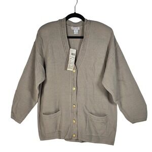 VTG Lindsey Blake Shaker Knit Cardigan Sweater Woman Large Taupe Gold Button NWT
